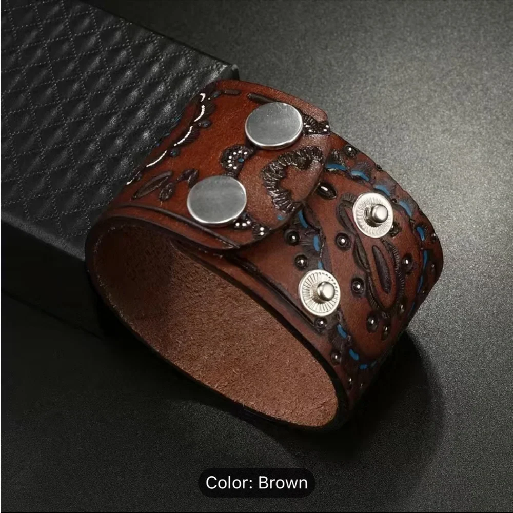 1pc Trendy‎ Creative Pu Leather Bracelet Carved Oil Drop Punk Braided Decorative
